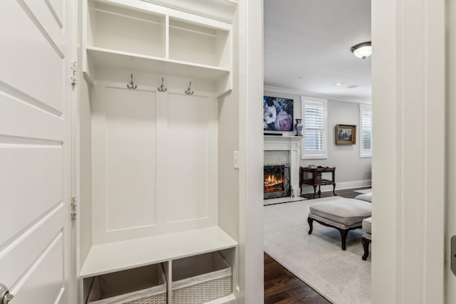 mudroom with crown molding and dark hardwood / wood-style flooring