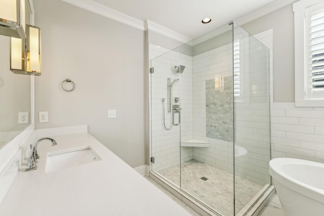 bathroom with ornamental molding, separate shower and tub, vanity, and tile walls