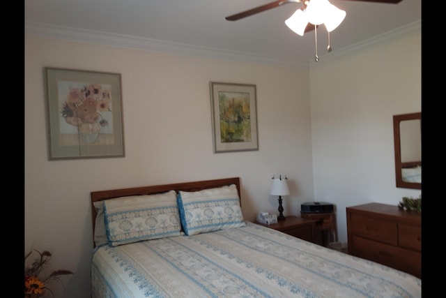 bedroom featuring ceiling fan and ornamental molding