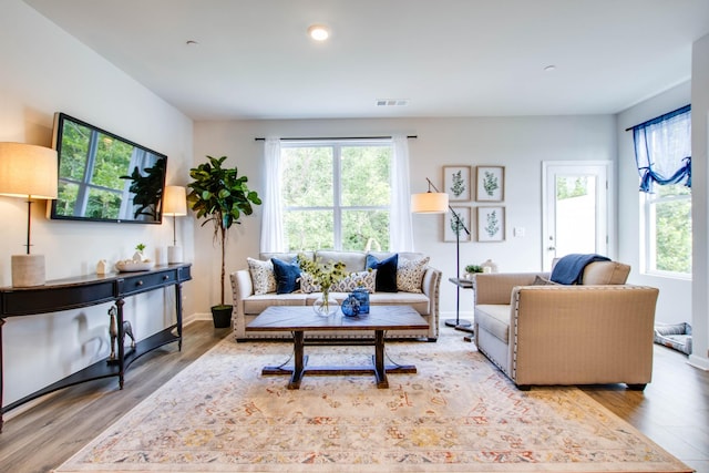 living room featuring plenty of natural light and light wood-type flooring