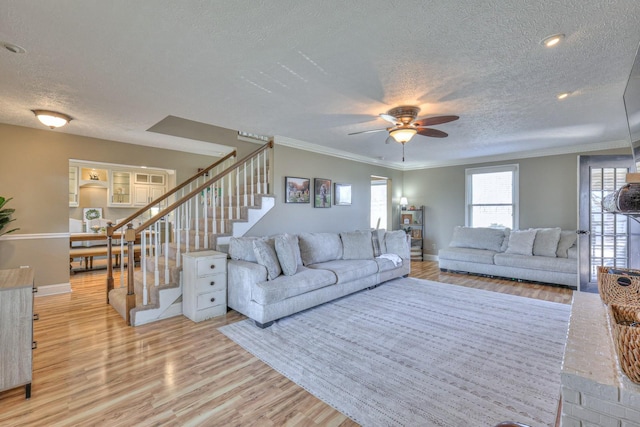 living room featuring crown molding, ceiling fan, light hardwood / wood-style flooring, and a textured ceiling