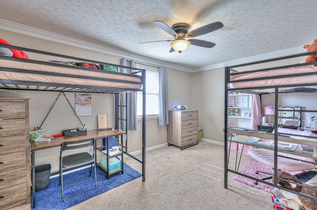 carpeted bedroom featuring ceiling fan, ornamental molding, and a textured ceiling