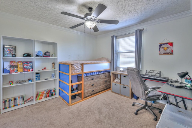 bedroom with ornamental molding, carpet floors, and a textured ceiling