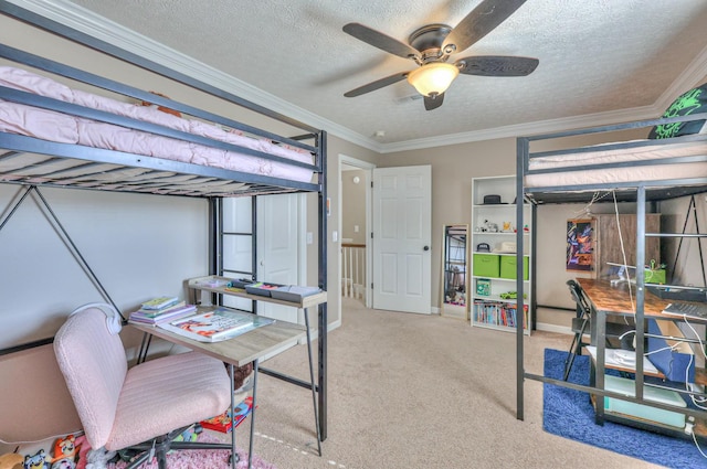 bedroom with crown molding, ceiling fan, light carpet, and a textured ceiling