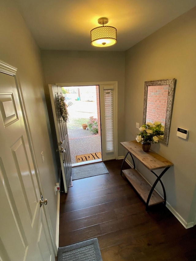 doorway with dark wood-type flooring