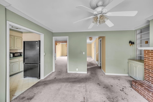 unfurnished living room with crown molding and ceiling fan