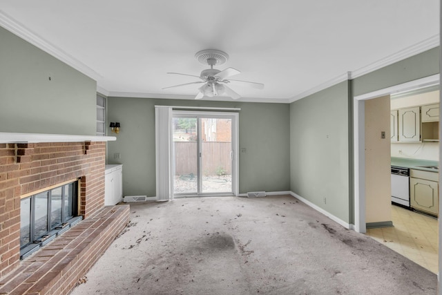 unfurnished living room with a fireplace, ornamental molding, and ceiling fan