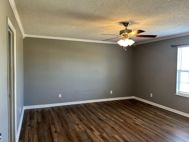 unfurnished room featuring ornamental molding, dark wood-type flooring, a textured ceiling, and ceiling fan