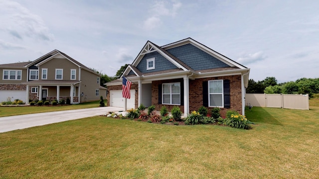 craftsman inspired home featuring a garage, a front lawn, and a porch