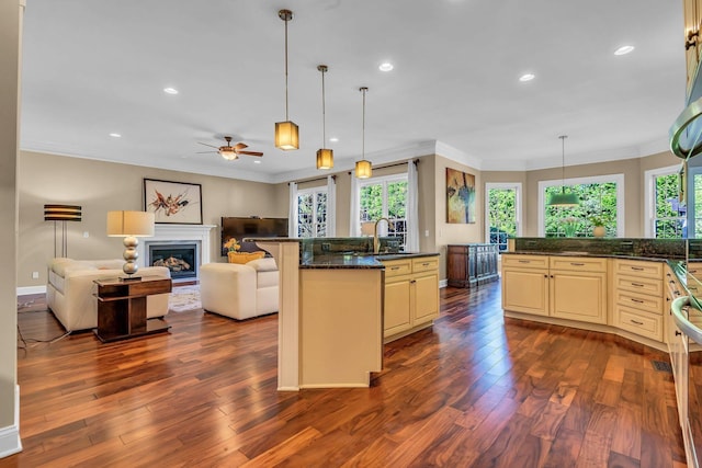 kitchen featuring an island with sink, cream cabinets, dark hardwood / wood-style floors, and decorative light fixtures