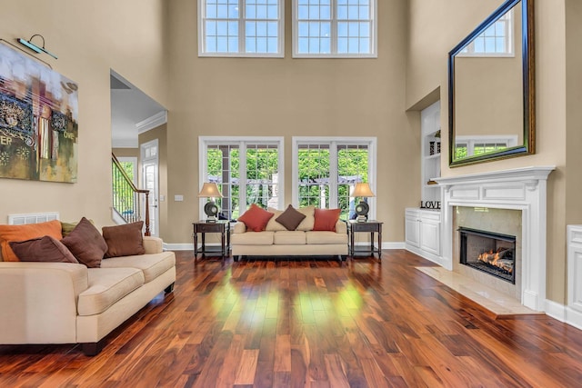 living room with a high ceiling, dark hardwood / wood-style floors, and a high end fireplace