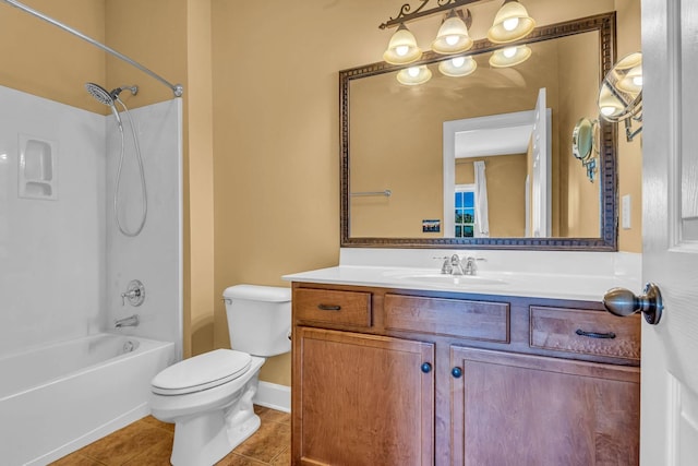 full bathroom featuring shower / bathtub combination, tile patterned floors, toilet, and vanity