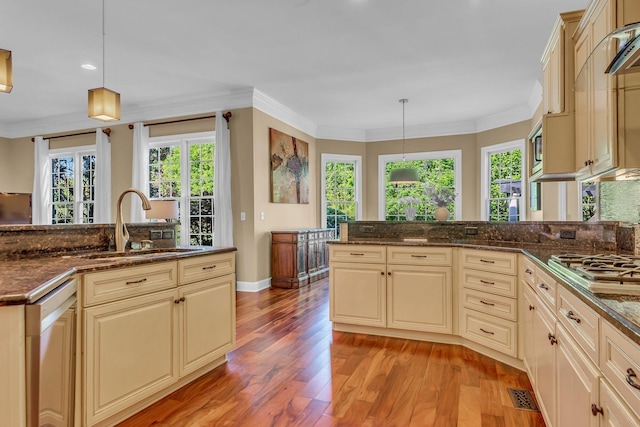 kitchen featuring pendant lighting, crown molding, and stainless steel appliances