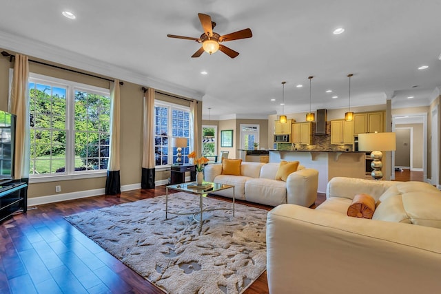 living room featuring crown molding, ceiling fan, and dark hardwood / wood-style floors