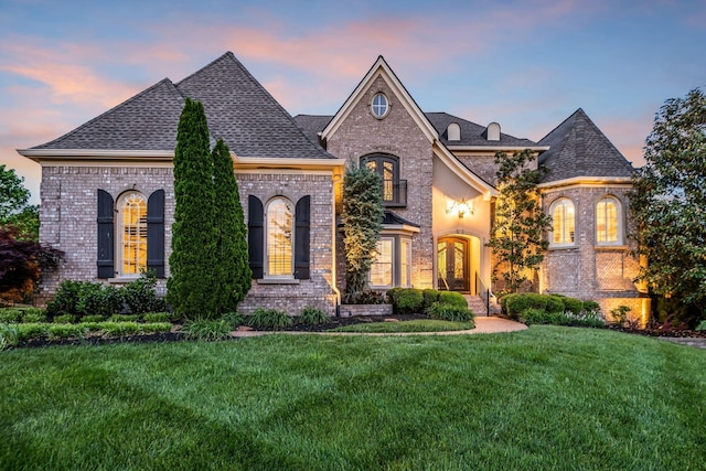 french country home with a lawn