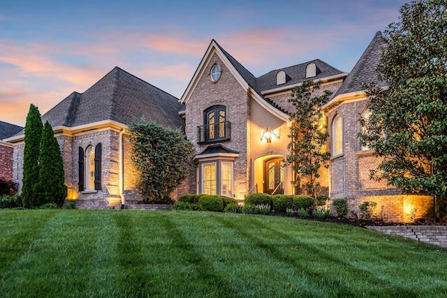 french country inspired facade featuring a yard