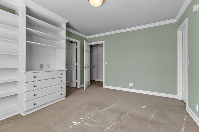 unfurnished bedroom featuring ornamental molding and carpet