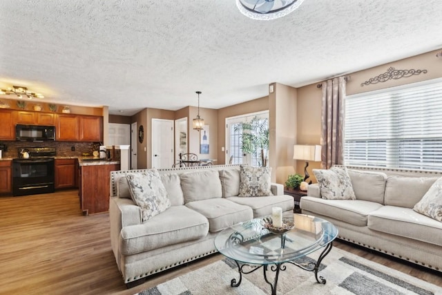 living room featuring a textured ceiling and light wood-type flooring