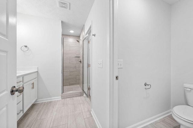 bathroom with vanity, a textured ceiling, toilet, and walk in shower