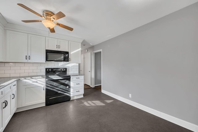 kitchen featuring ceiling fan, white cabinetry, light stone countertops, black appliances, and decorative backsplash