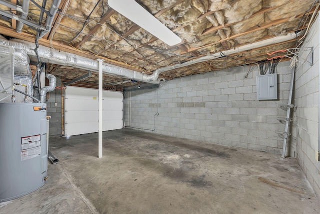 basement with electric panel and water heater