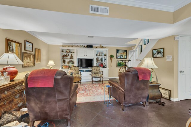 living room with crown molding