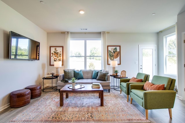 living room with plenty of natural light and light wood-type flooring