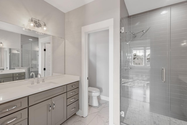 bathroom featuring vanity, an enclosed shower, and toilet