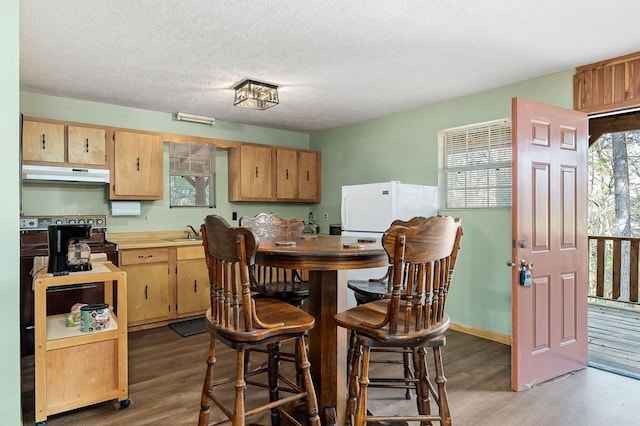 kitchen featuring range with electric stovetop, wood-type flooring, sink, white refrigerator, and a textured ceiling