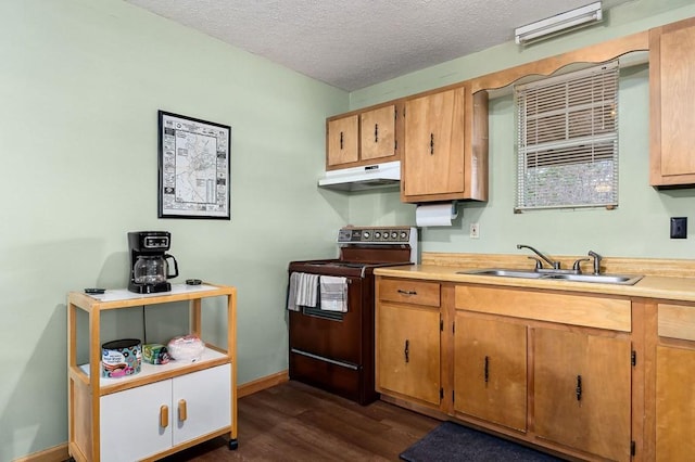 kitchen featuring sink, a textured ceiling, dark hardwood / wood-style floors, and electric stove