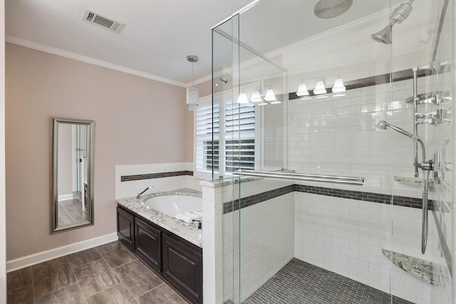 bathroom featuring ornamental molding and shower with separate bathtub