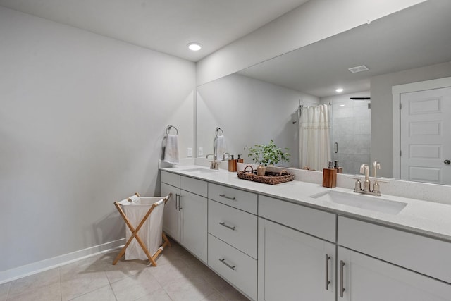 bathroom featuring double vanity, visible vents, tile patterned floors, a shower stall, and a sink