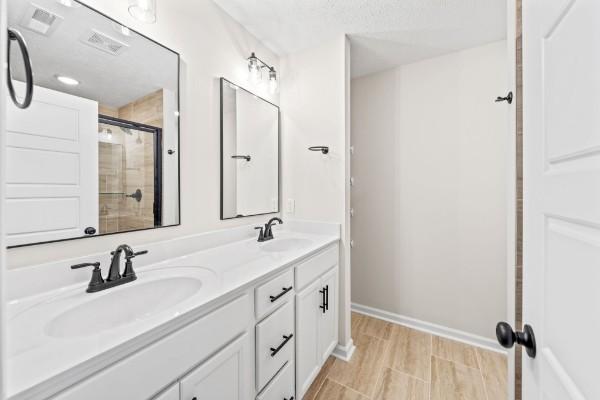 bathroom featuring vanity and a shower with shower door