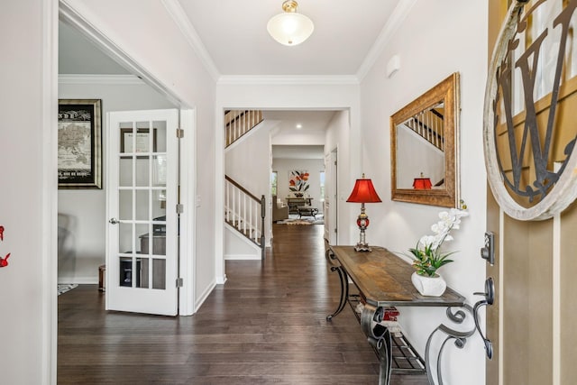 entrance foyer featuring ornamental molding and dark hardwood / wood-style floors