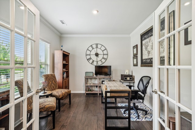 office with ornamental molding, dark hardwood / wood-style floors, and french doors