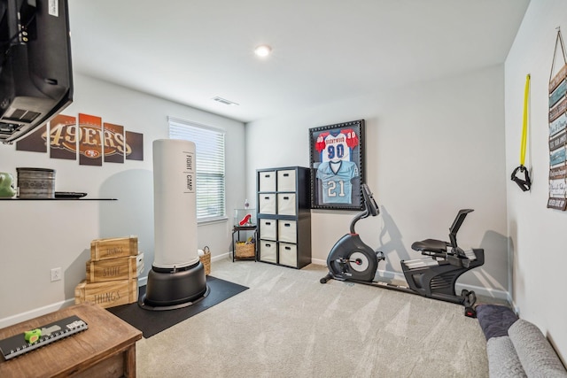 workout room featuring light carpet