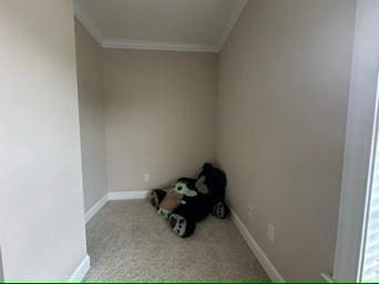 empty room with crown molding and light carpet