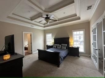 bedroom with ornamental molding, coffered ceiling, light carpet, and ceiling fan