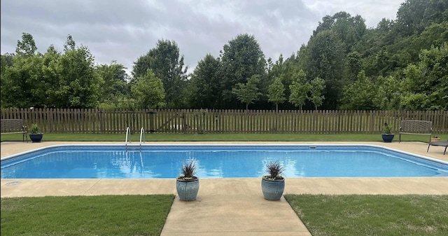 view of swimming pool with a yard