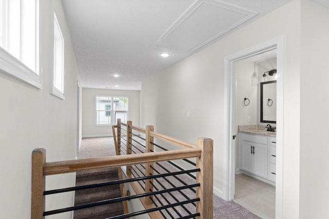 staircase with carpet flooring and sink