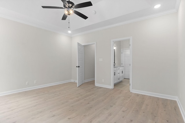 unfurnished bedroom with ornamental molding, ceiling fan, light hardwood / wood-style floors, and ensuite bath