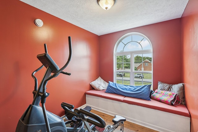 workout area featuring wood-type flooring and a textured ceiling