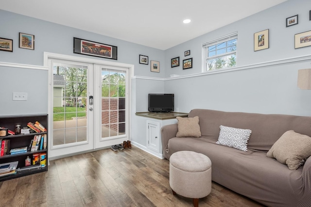 living room featuring wood-type flooring and french doors