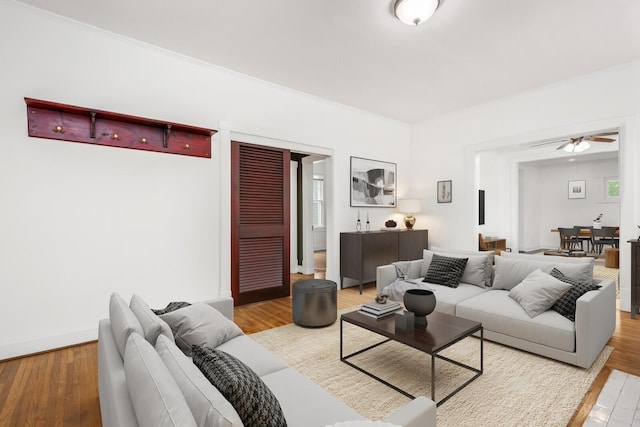 living room with ceiling fan and light wood-type flooring