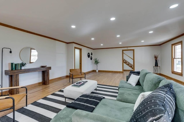 living room featuring crown molding and light hardwood / wood-style flooring