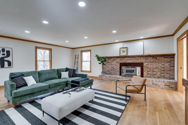 living room featuring ornamental molding, a wood stove, and light hardwood / wood-style flooring