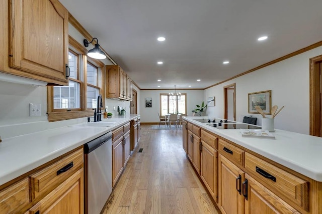 kitchen featuring dishwasher, sink, light hardwood / wood-style floors, crown molding, and black electric cooktop