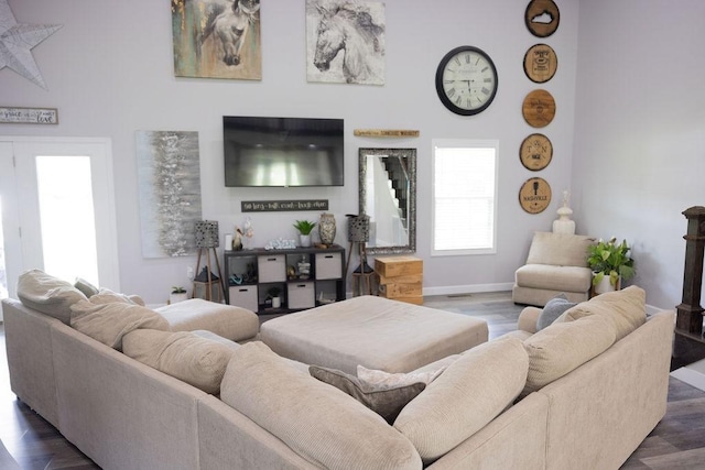 living room with dark wood-type flooring