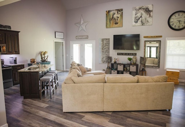 living room with sink, a wealth of natural light, and high vaulted ceiling