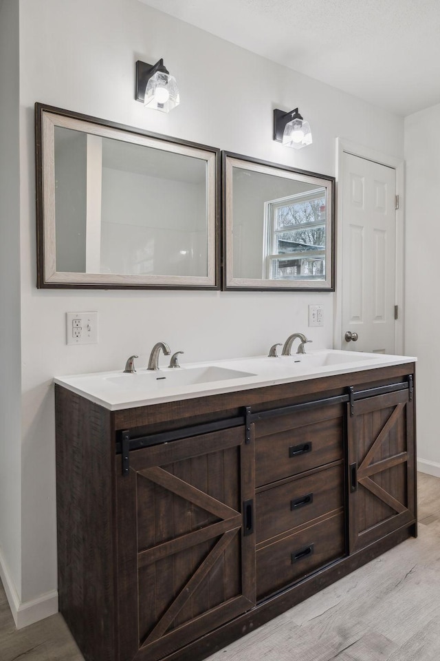 bathroom with hardwood / wood-style flooring and vanity